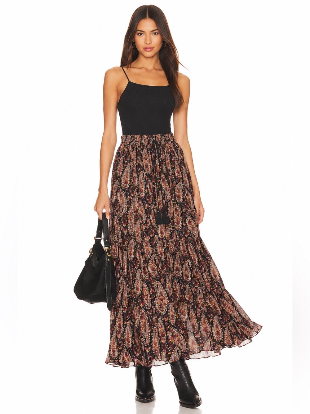 ZARA Boho Paisley Tiered Maxi Skirt | Drawstring Waist | Size xs